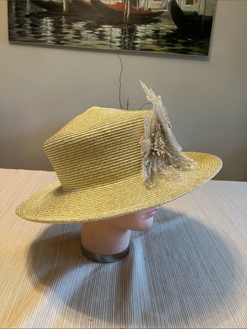 Elegant Wide-Brim Metallic Gold Sequin Flower Hat